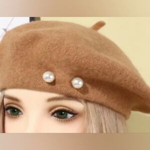 Black Or Tan Beret with Pearl Accents